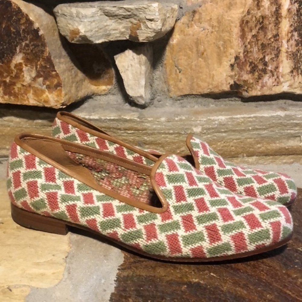 Stubbs & Wooton needlepoint flats green pink 8.5